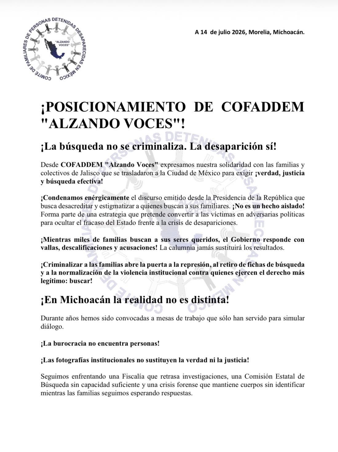 COFADDEM denuncia criminalización de familias buscadoras