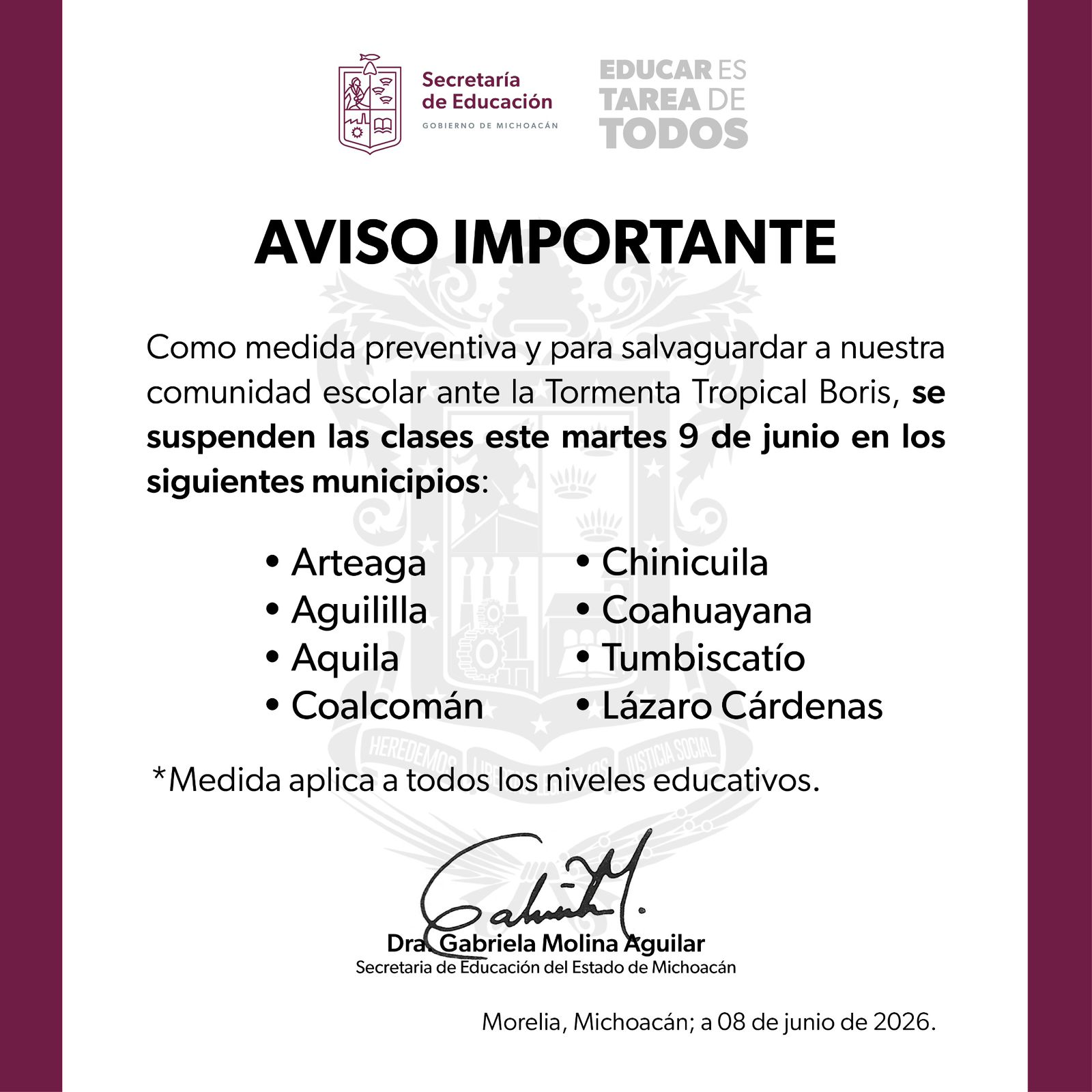 SEE suspende clases en Sierra-Costa por prevención ante Boris