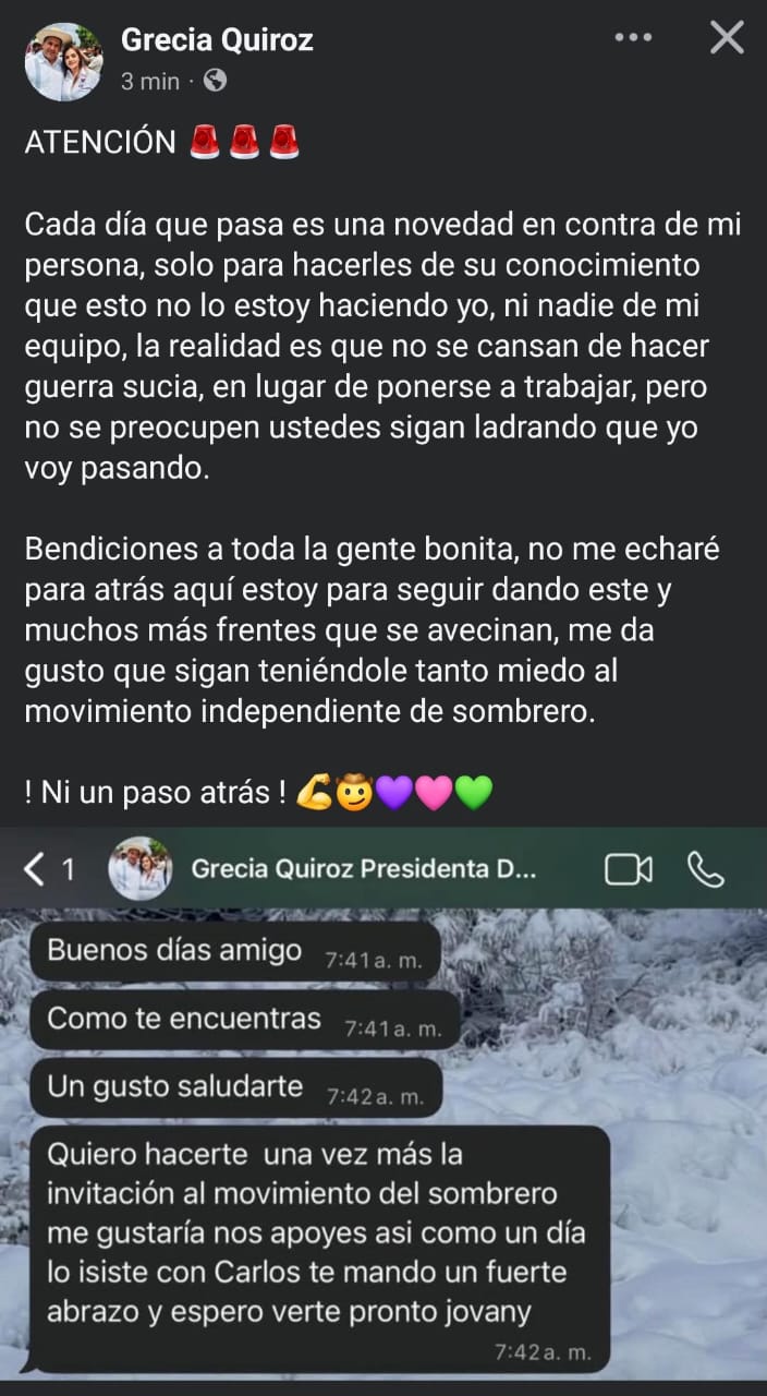 Grecia Quiroz denuncia mensajes enviados en su nombre