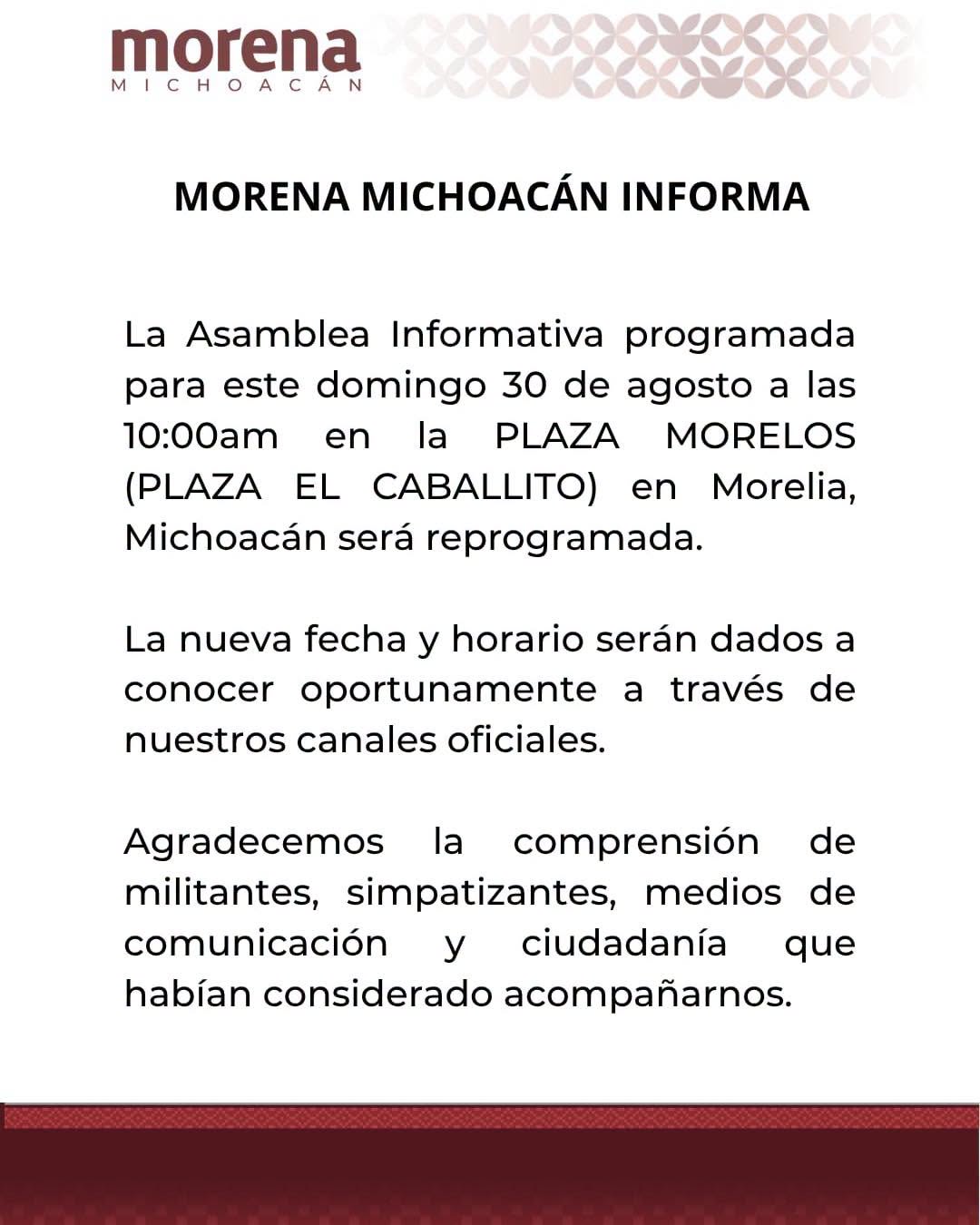 Morena reprograma asamblea prevista para este domingo en Morelia