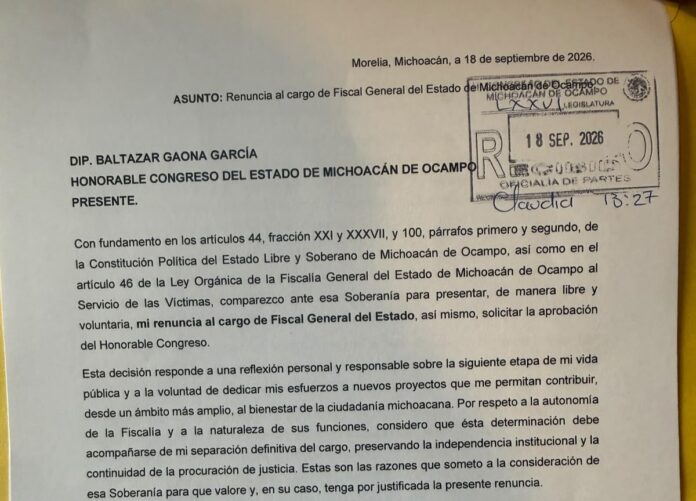 Michoacán, renuncia a la ficalía Carlos Torres