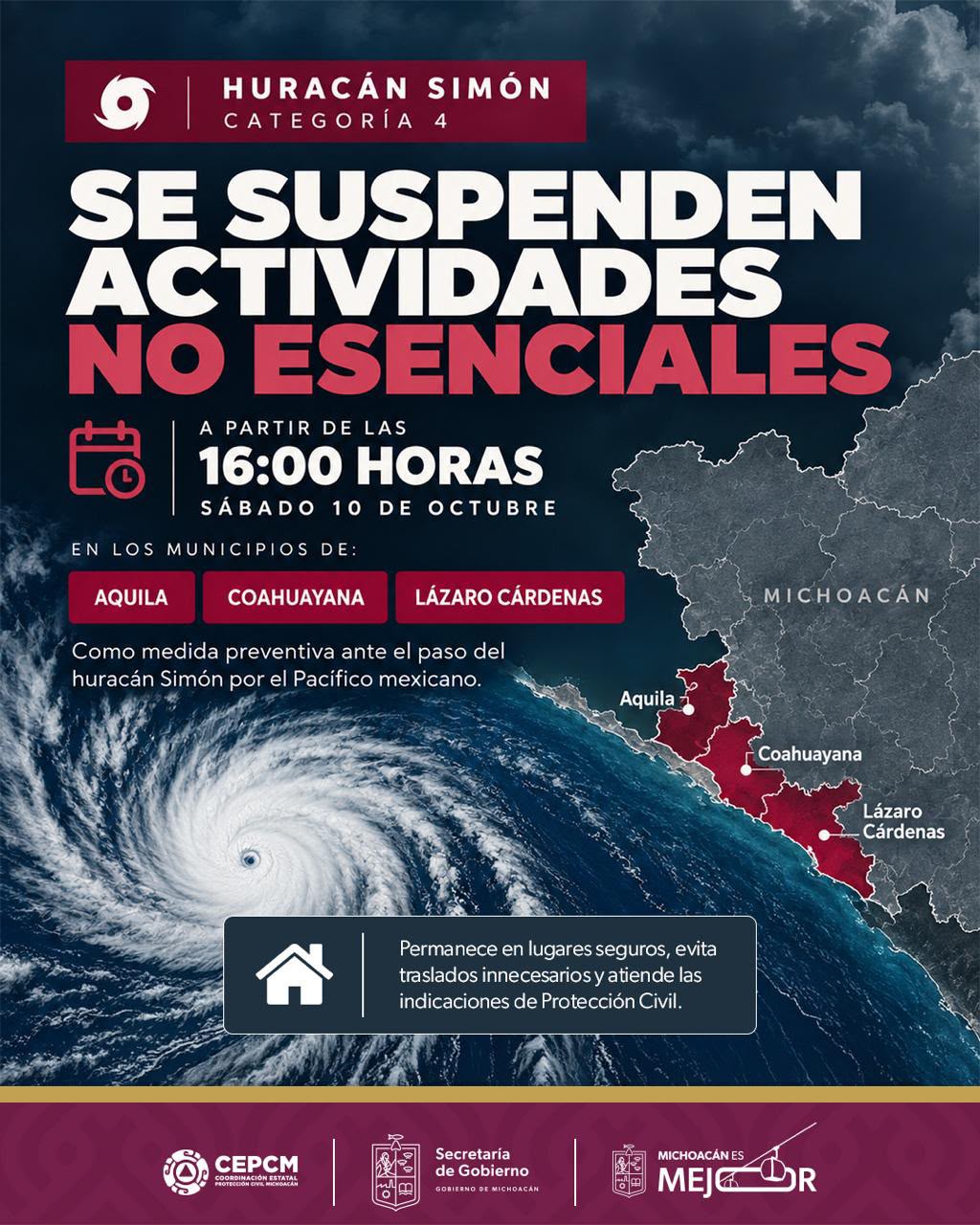 Suspenden actividades en tres municipios por huracán Simón